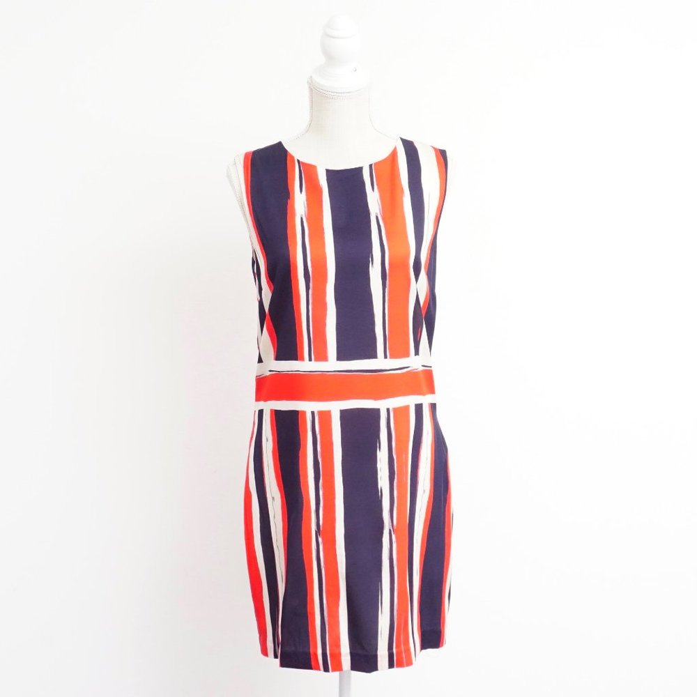 St John Collection Women's Red White Blue Stripe Sleeveless Silk Dress 6 READ